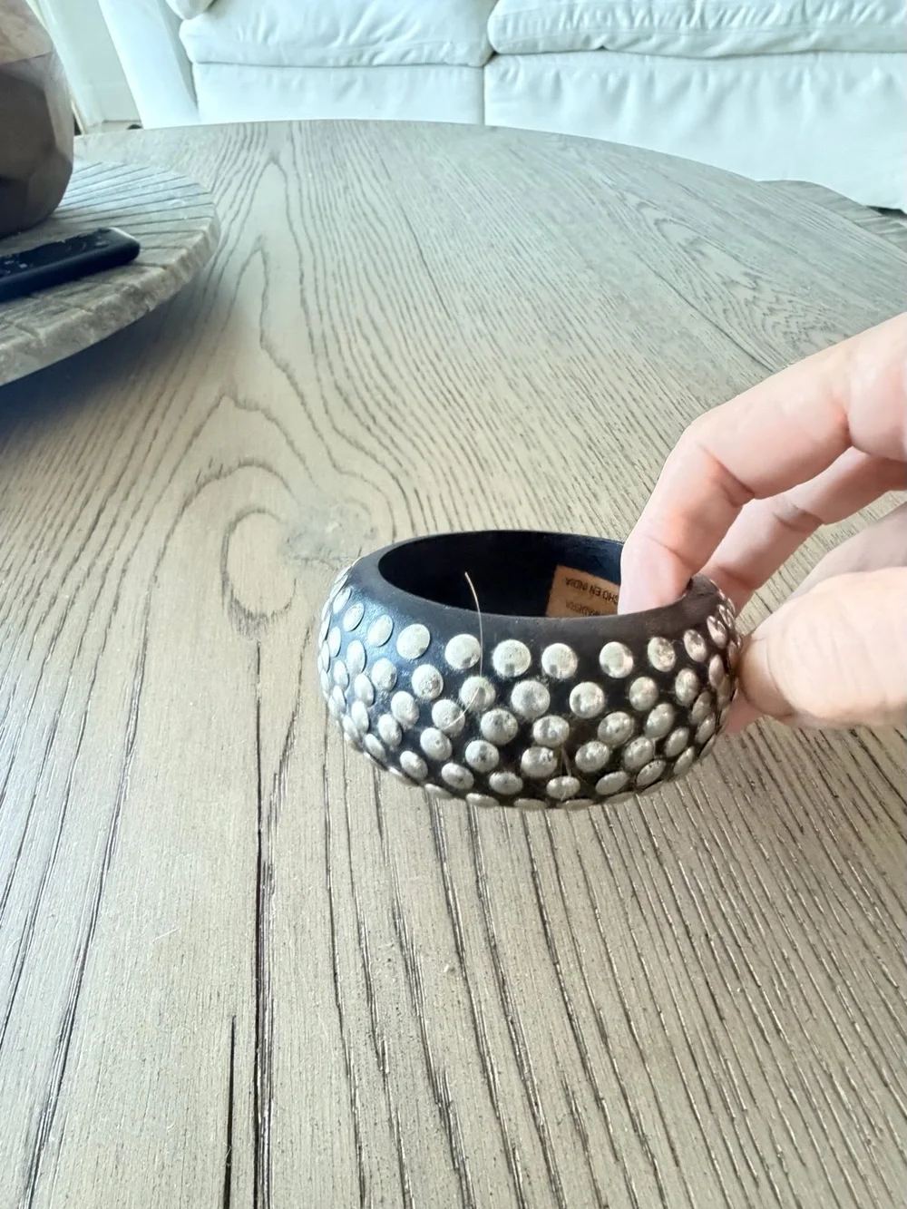Vintage Brown Wood Bangle Bracelet Silver-Tone Studs India OOAK
